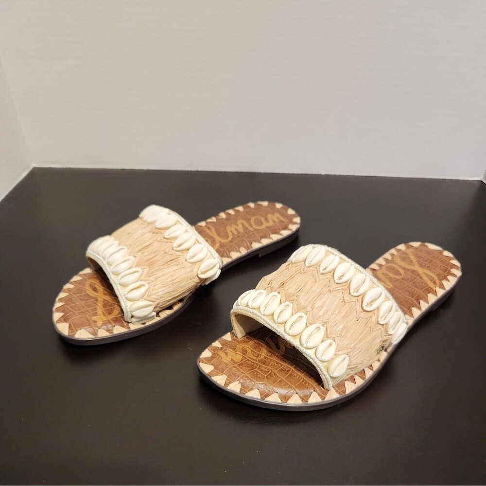 New NWOB Womens Sam Edelman Gale Shell Woven Beige Slides Sandals Size 6 M
